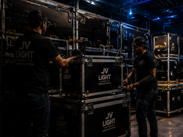 Detalhe das mãos operando console de iluminação