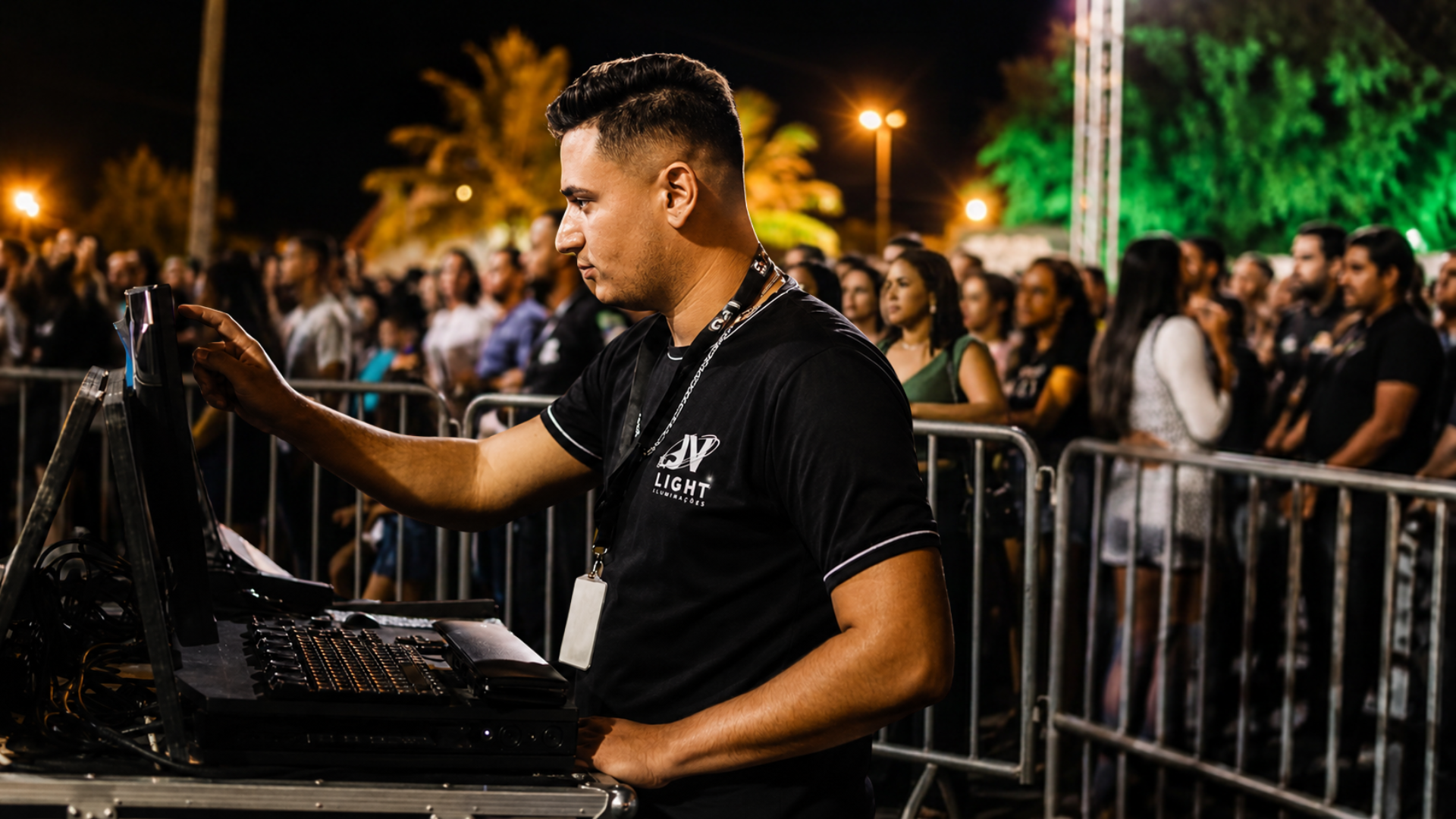 Técnico de iluminação JV LIGHT operando mesa em evento